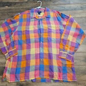 Paul Fredrick Shirt Mens XL 100% Linen Plaid Long Sleeve Button Down Preppy